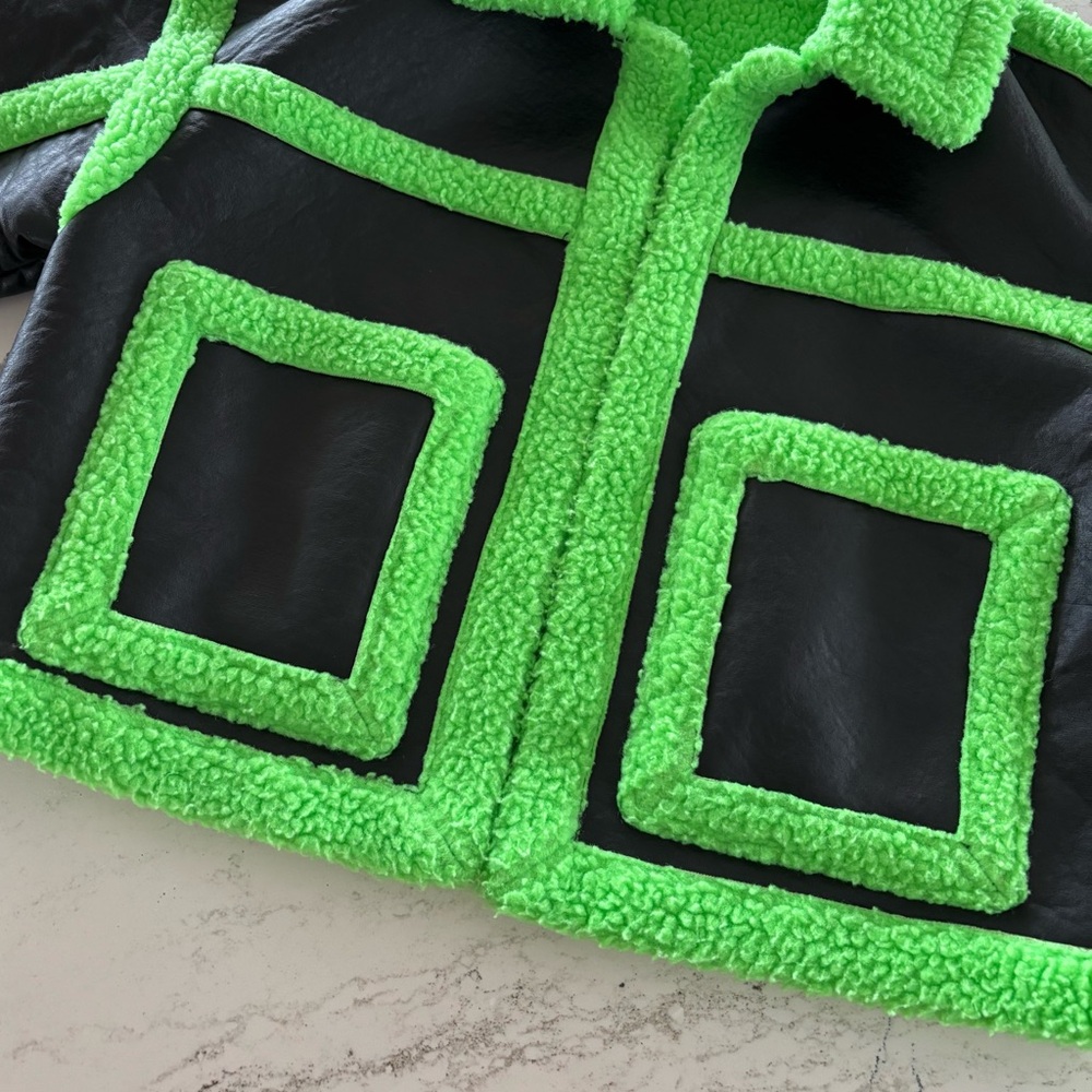 AKIRA Label La Vida Lime Crime Pleather Sherpa Coat Faux Leather Neon 💚 Size XL - Picture 5 of 16